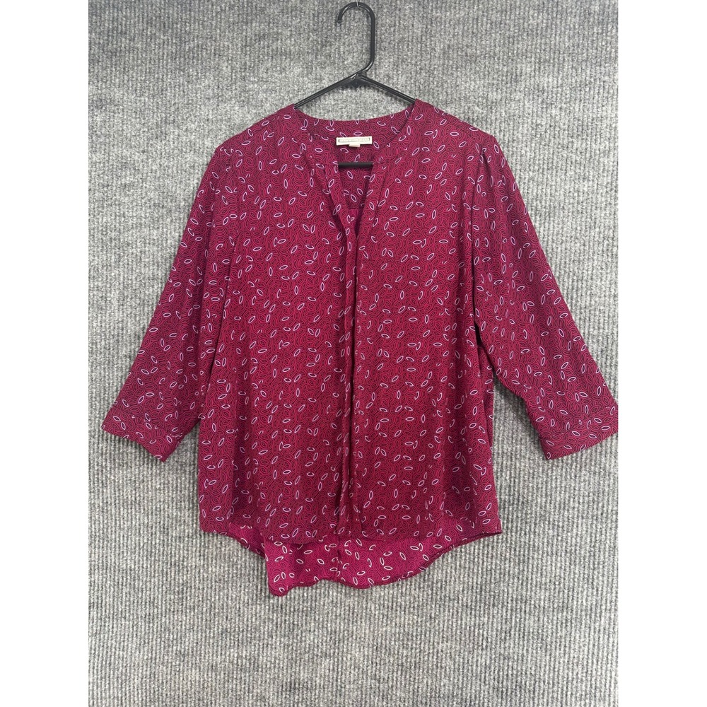 Dana Buchman Blouse Women Large Burgundy Pink Geometric 3/4 Sleeve Excellent